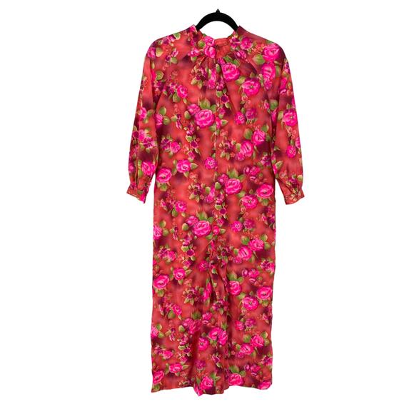 American Vintage Pants - VTG 70s Handmade Jumpsuit XSP/SP Floral Print Straight Leg Red Pink High Neck
